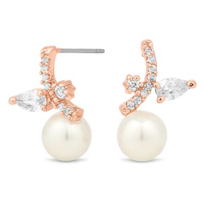 Rose gold cubic zirconia leaf and pearl earring